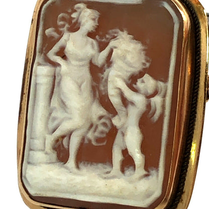 Victorian 14K Yellow Gold Carved Rectangle Cameo of Woman Child Pendant Brooch