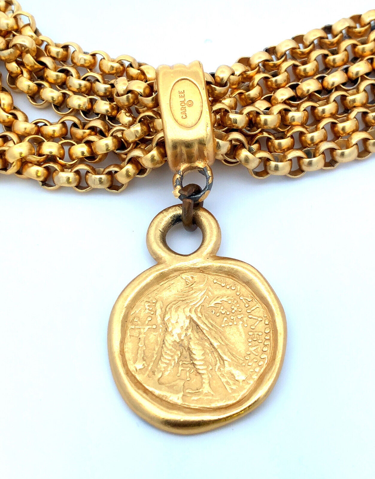 Carolee Gold Tone Rolo Link Faux Ancient Ceasar Coin Statement Collar Necklace