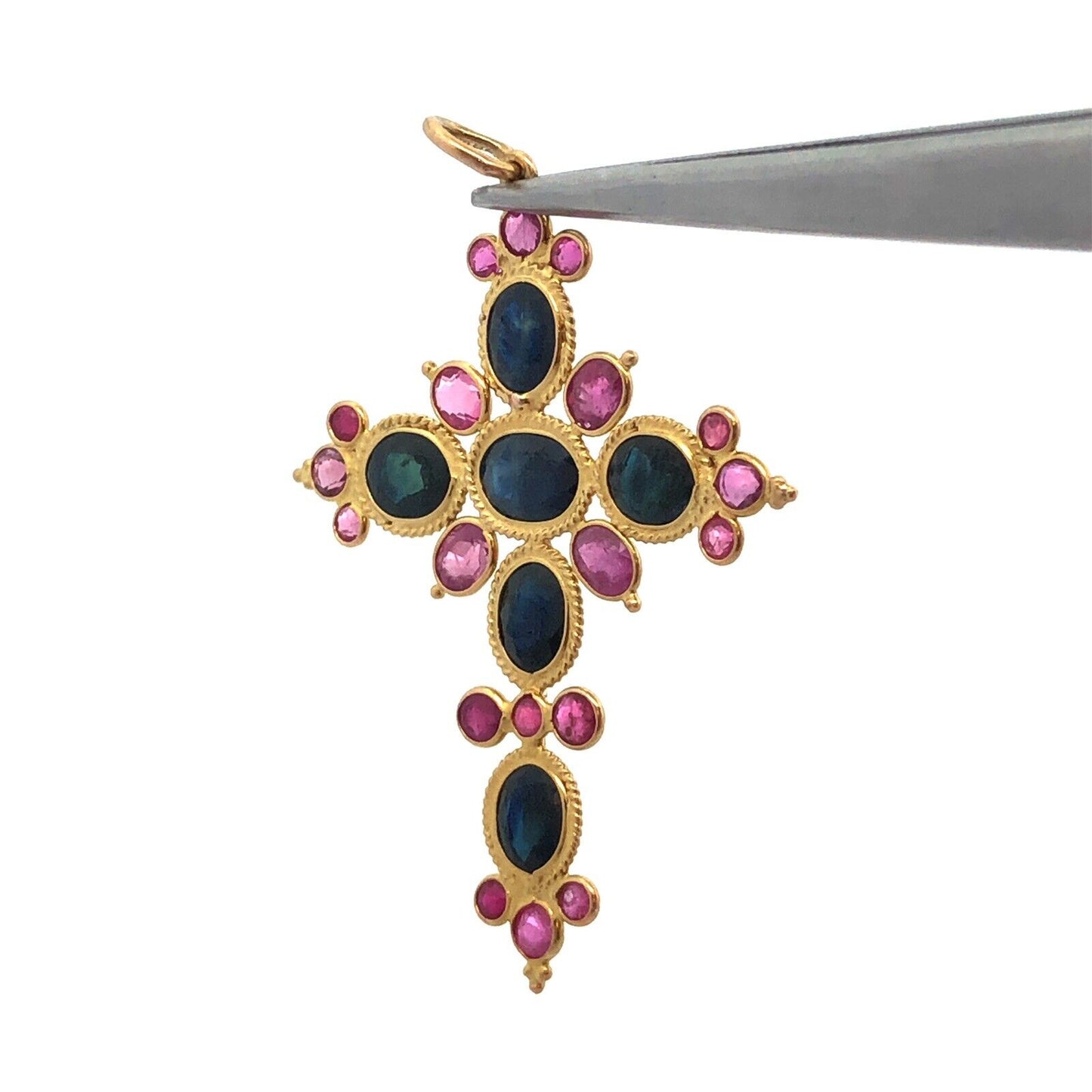 Estate 18K Yellow Gold Sapphire Ruby Statement Cross Religious Pendant