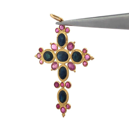 Estate 18K Yellow Gold Sapphire Ruby Statement Cross Religious Pendant