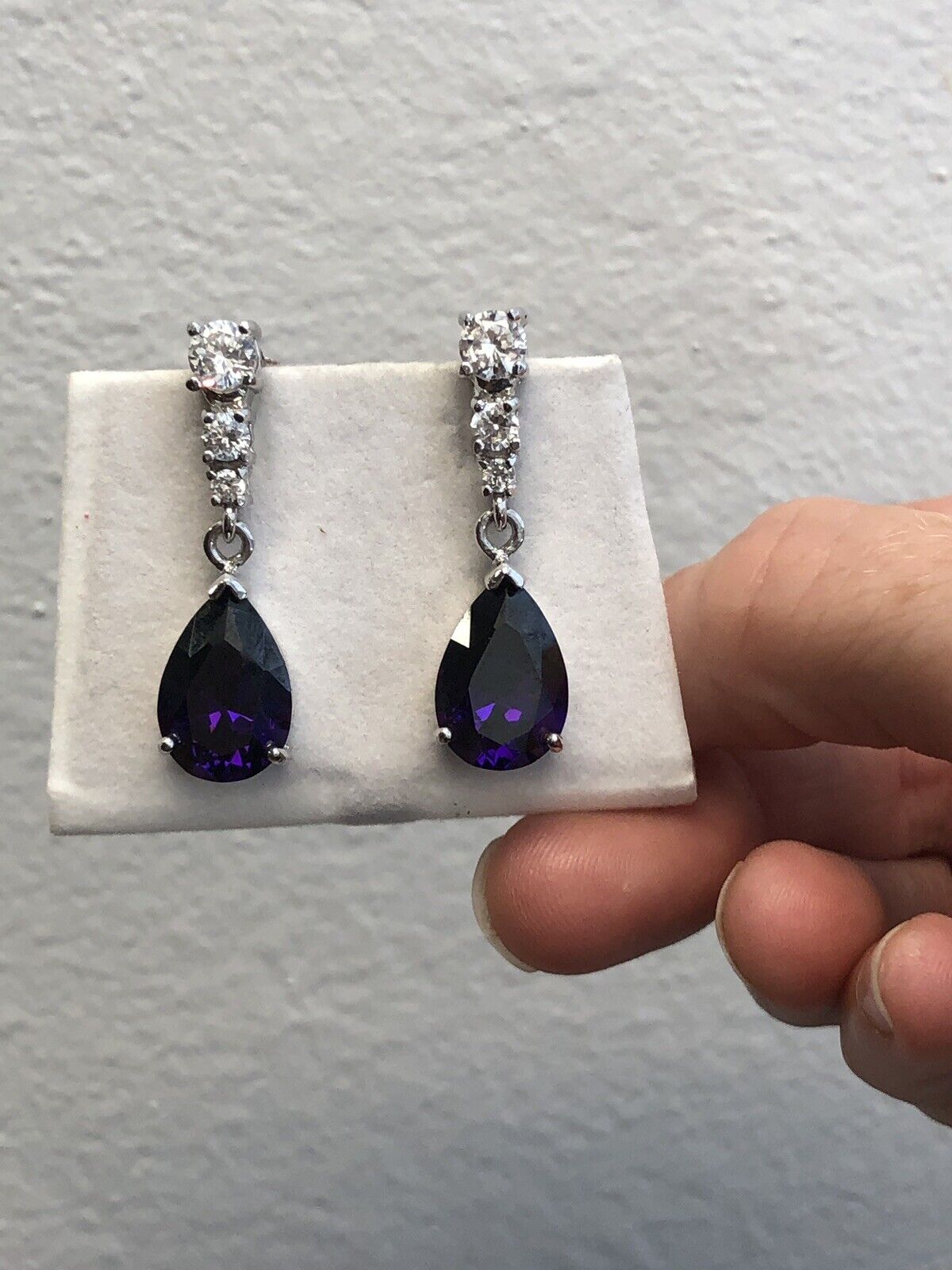 Designer Sterling Silver 925 Purple White Cubic Zirconia Statement Drop Earrings
