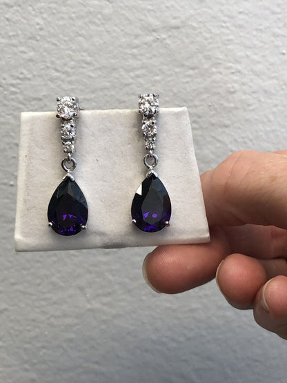 Designer Sterling Silver 925 Purple White Cubic Zirconia Statement Drop Earrings