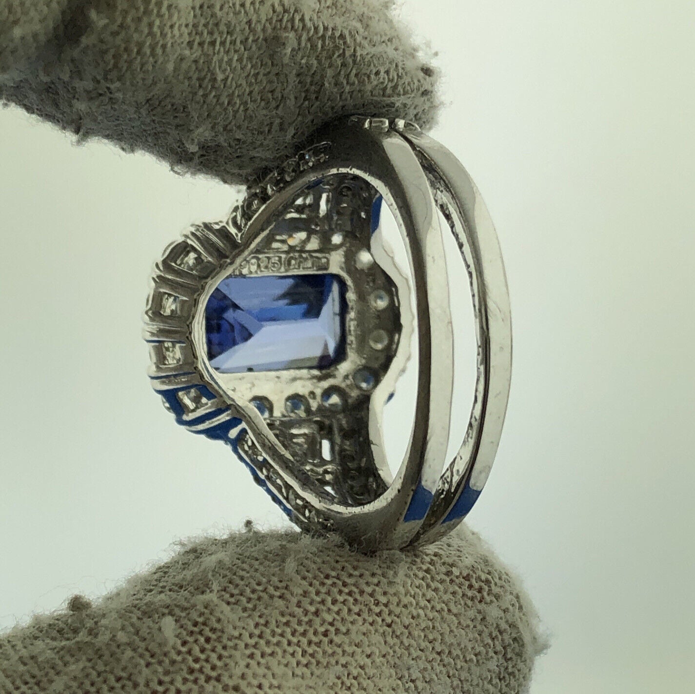 Dramatic 925 Sterling Silver Rectangle Blue Tourmaline CZ Accent Statement Ring