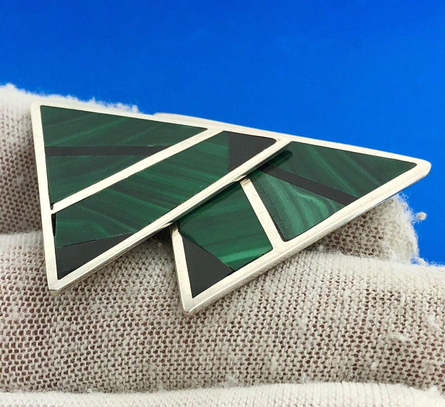 Vintage Sterling Silver 925 Modernist Malachite Onyx Statement Clip Earrings