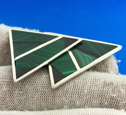 Vintage Sterling Silver 925 Modernist Malachite Onyx Statement Clip Earrings