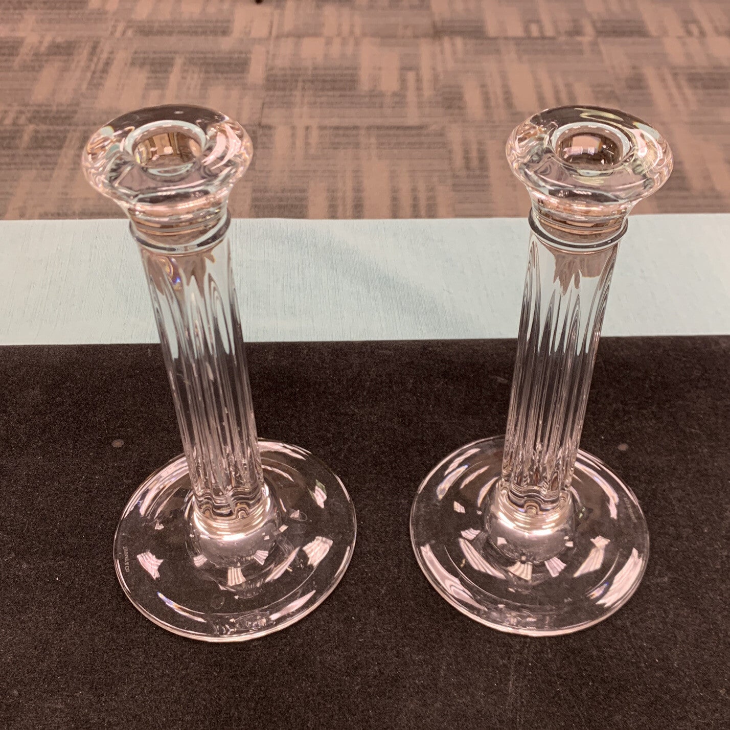 Tiffany & Co Crystal Fluted Hampton Column Pair Of 8.5" Candle Holders Set