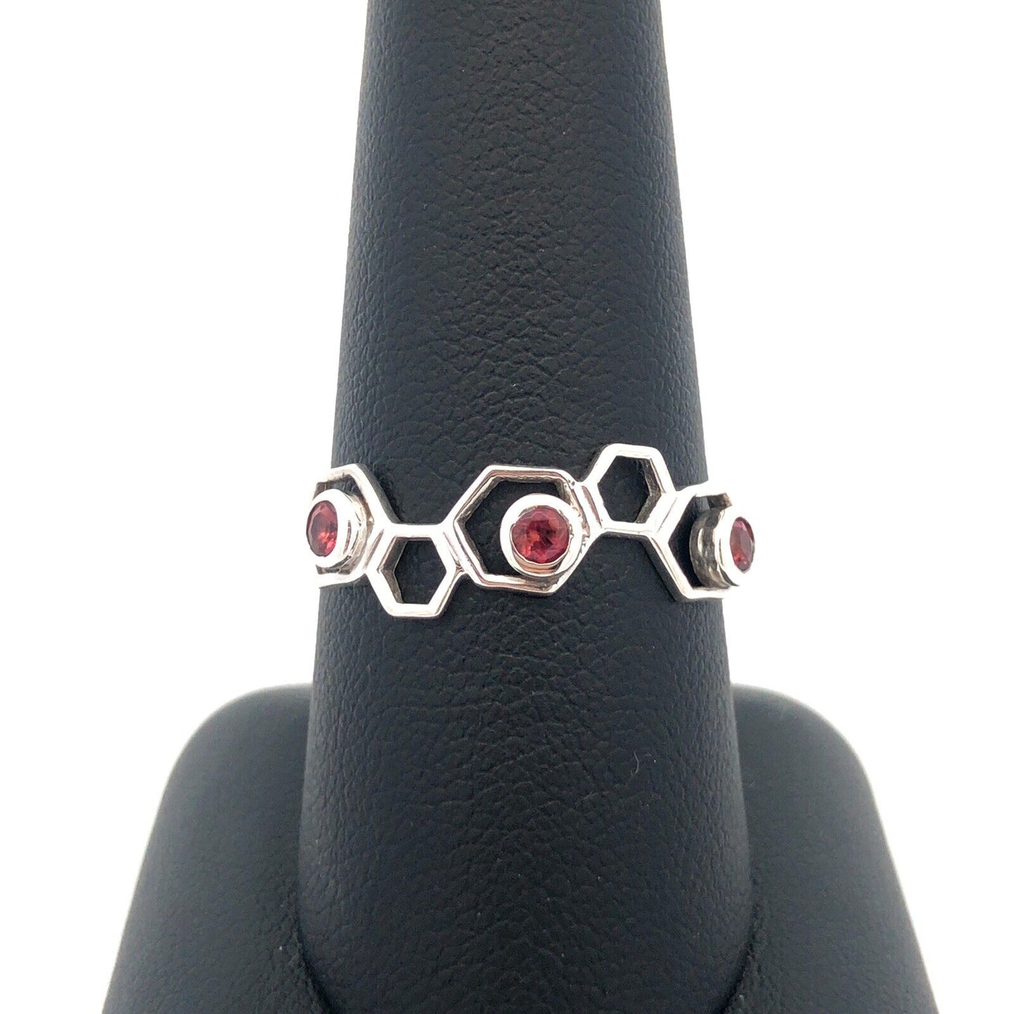 925 Sterling Silver Round Pink Tourmaline Honeycomb Hexagon Band Ring
