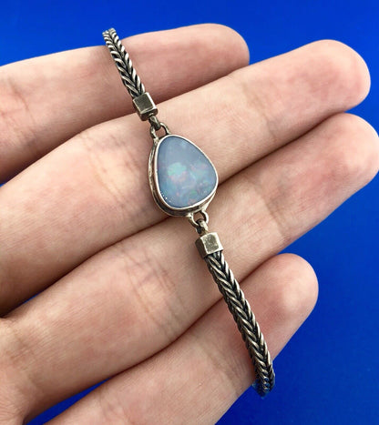 Vintage Sterling Silver 925 Trilliant Opal Cabochon Wheat Link Toggle Bracelet