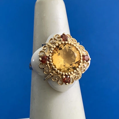 Designer 14K Yellow Gold Citrine Orange Tourmaline White Agate Statement Ring