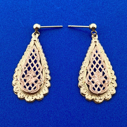 Vintage JCM 14K Yellow Rose Gold Floral Filigree Scroll Pear Dangle Earrings