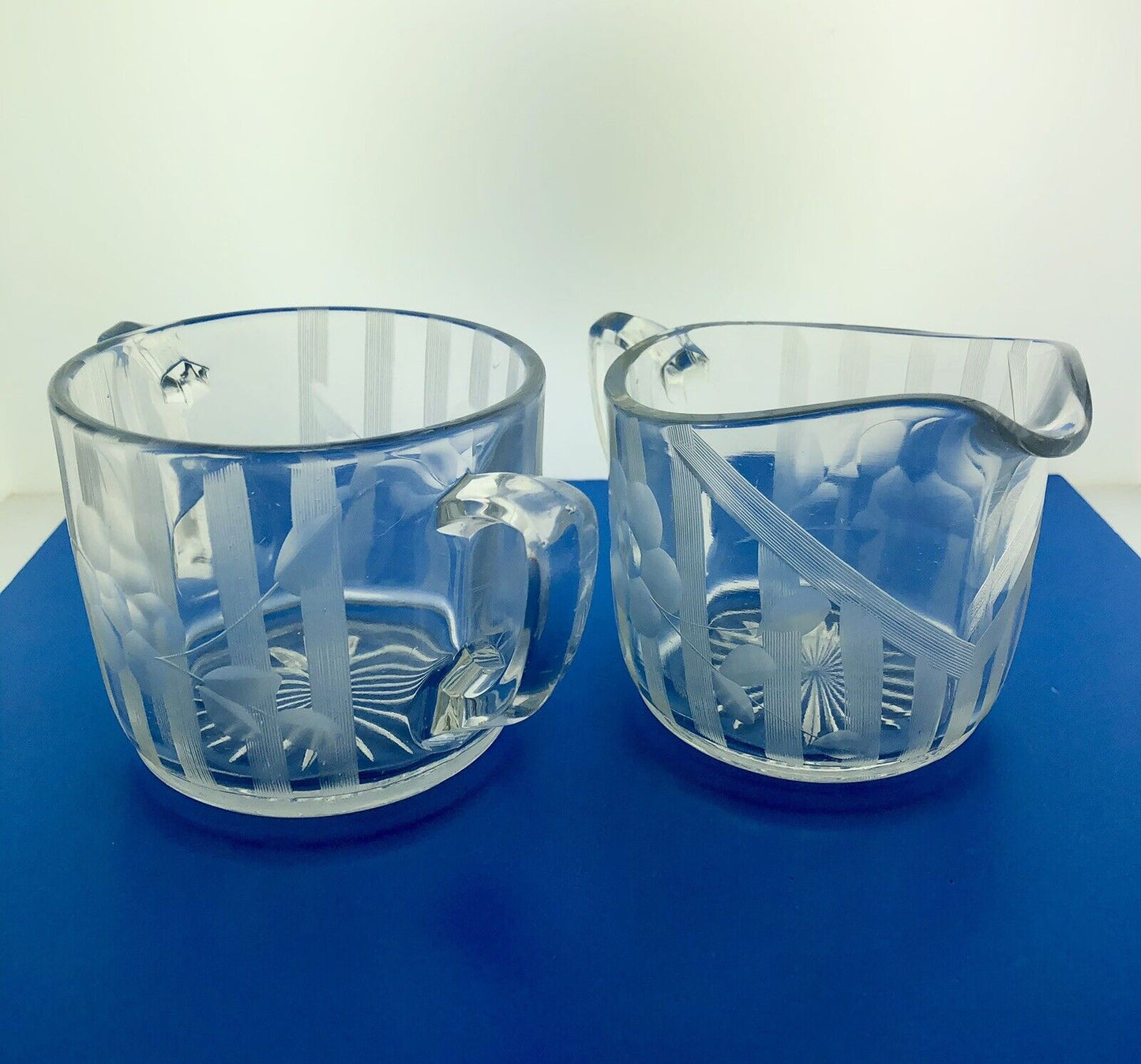 EAPG Clear Daisy Flower Etched Vertical Lines Cream Pitcher Sugar 2 pc Set