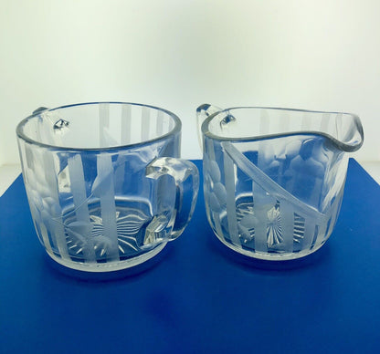 EAPG Clear Daisy Flower Etched Vertical Lines Cream Pitcher Sugar 2 pc Set