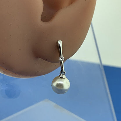 Modernist 14K White Gold Pearl Cubic Zirconia Dangle Drop Stud Earrings