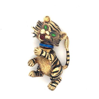 Vintage Martine 14k Yellow Gold Enamel Tiger Cat Brooch Pin Pendant