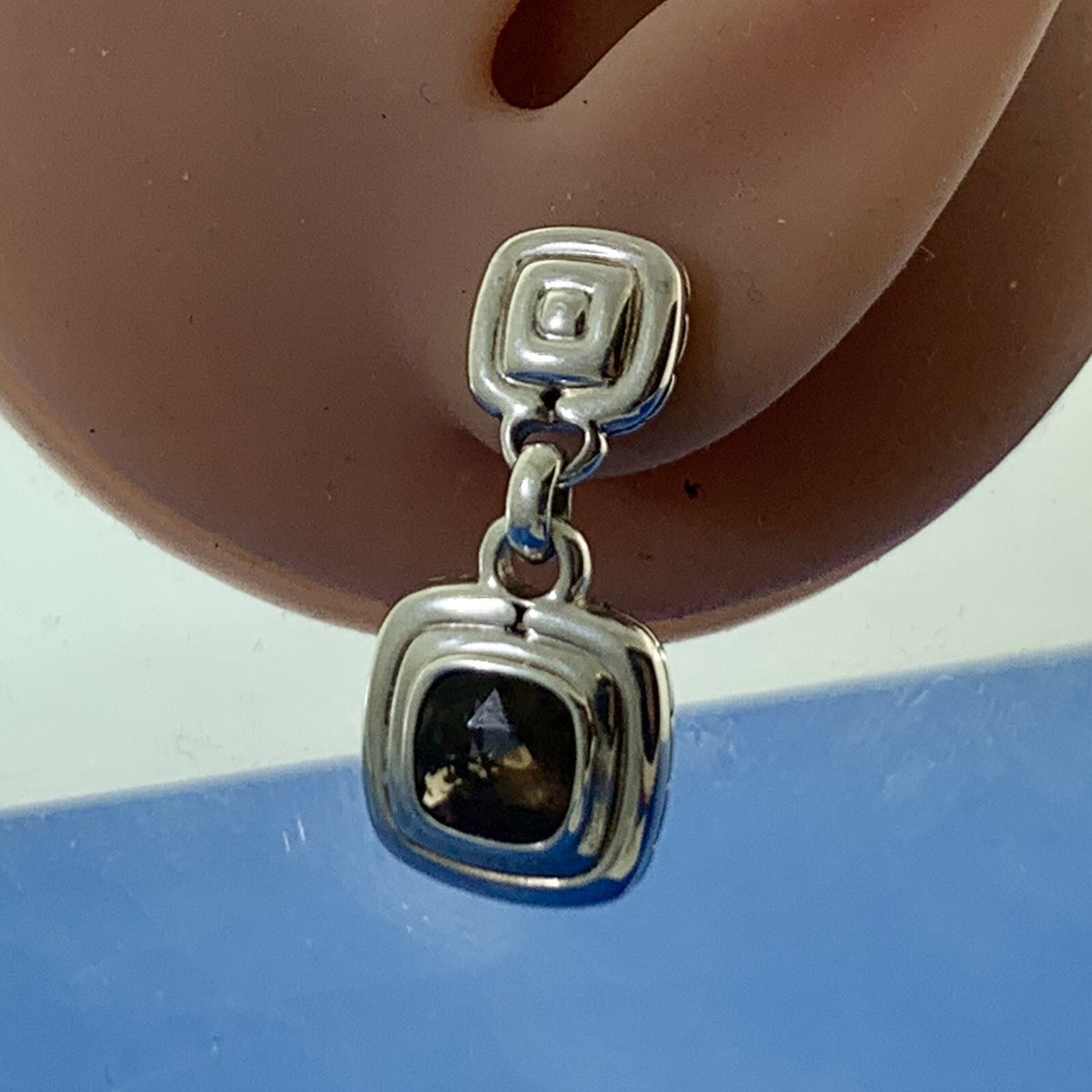 John Hardy 925 Sterling Silver Cushion Cut Smoky Quartz Dangle Drop Earrings