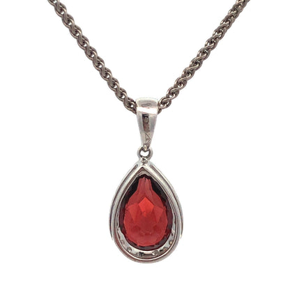 Designer 14K White Gold Pear Garnet Diamond Halo Drop Pendant Necklace
