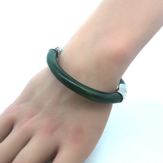 Vintage Designer CTY 925 Sterling Silver Jade Hinged Cuff Statement Bracelet