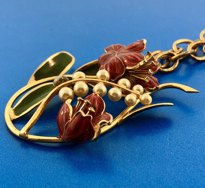 Mid Century Gold Tone Red Green Enamel Faux Pearl Rhinestone Floral Necklace