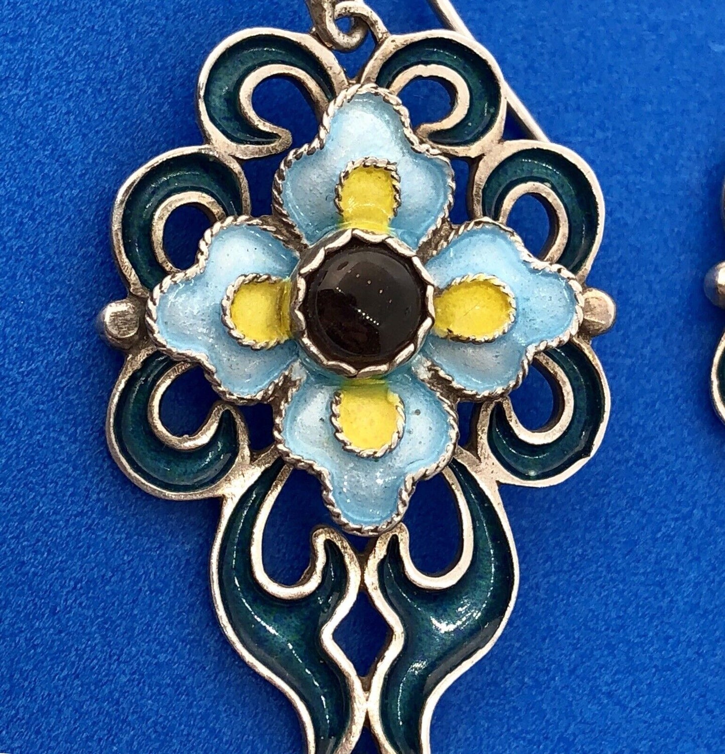 Designer BJ Sterling Silver 925 Smoky Topaz Enamel Floral Scroll Dangle Earrings