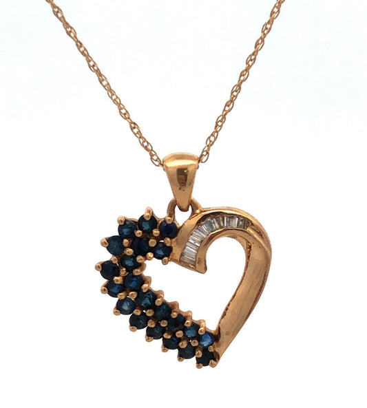 Vintage 14K Yellow Gold Sapphire Cluster Diamond Accented Heart Necklace