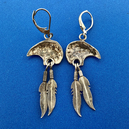 Gene Nataan Navajo 925 Sterling Silver Bear Feather Concho Drop Dangle Earrings