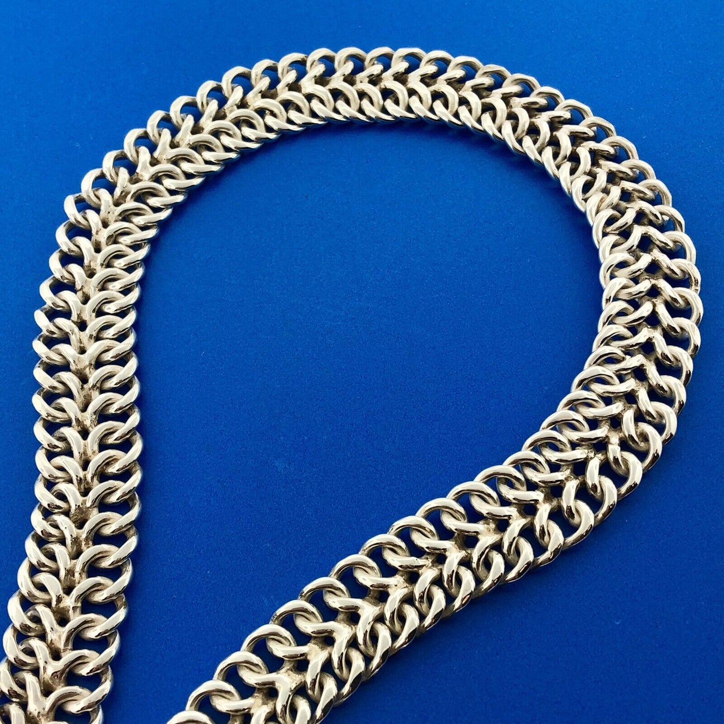Signed Taxco 925 Sterling Silver Double Cable Link Statement Choker Necklace