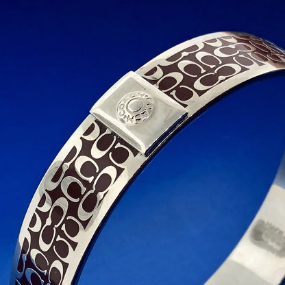 Authentic Coach Silver Tone Burgundy C Signature 1/2" Bangle Cuff Bracelet
