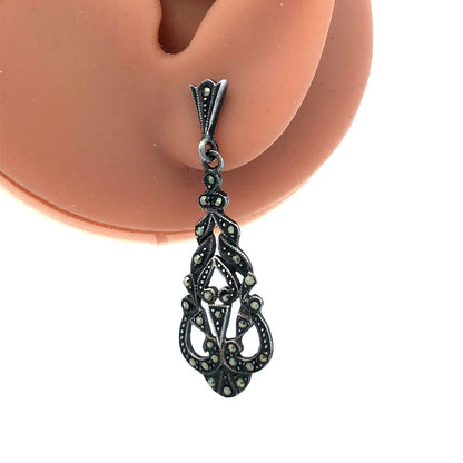 Designer SU 925 Sterling Silver Marcasite Art Deco Style Dangle Stud Earrings