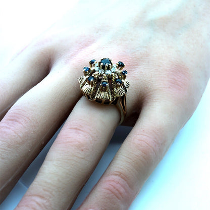 Retro 14K Yellow Gold Sapphire Diamond September Anniversary Princess Harem Ring
