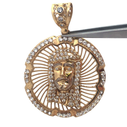 10K Yellow Gold Cubic Zirconia Christ Head Jesus Religious Statement Pendant