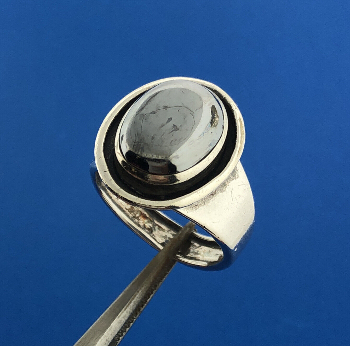 Mid Century Otto Grun Sterling Silver Stainless Steel Modernist Oval Dome Ring