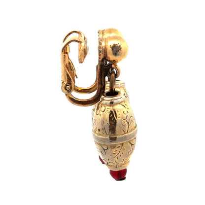 Mid Century Napier Gold Tone Red Bead Floral Scroll Drop Dangle Clip Earrings