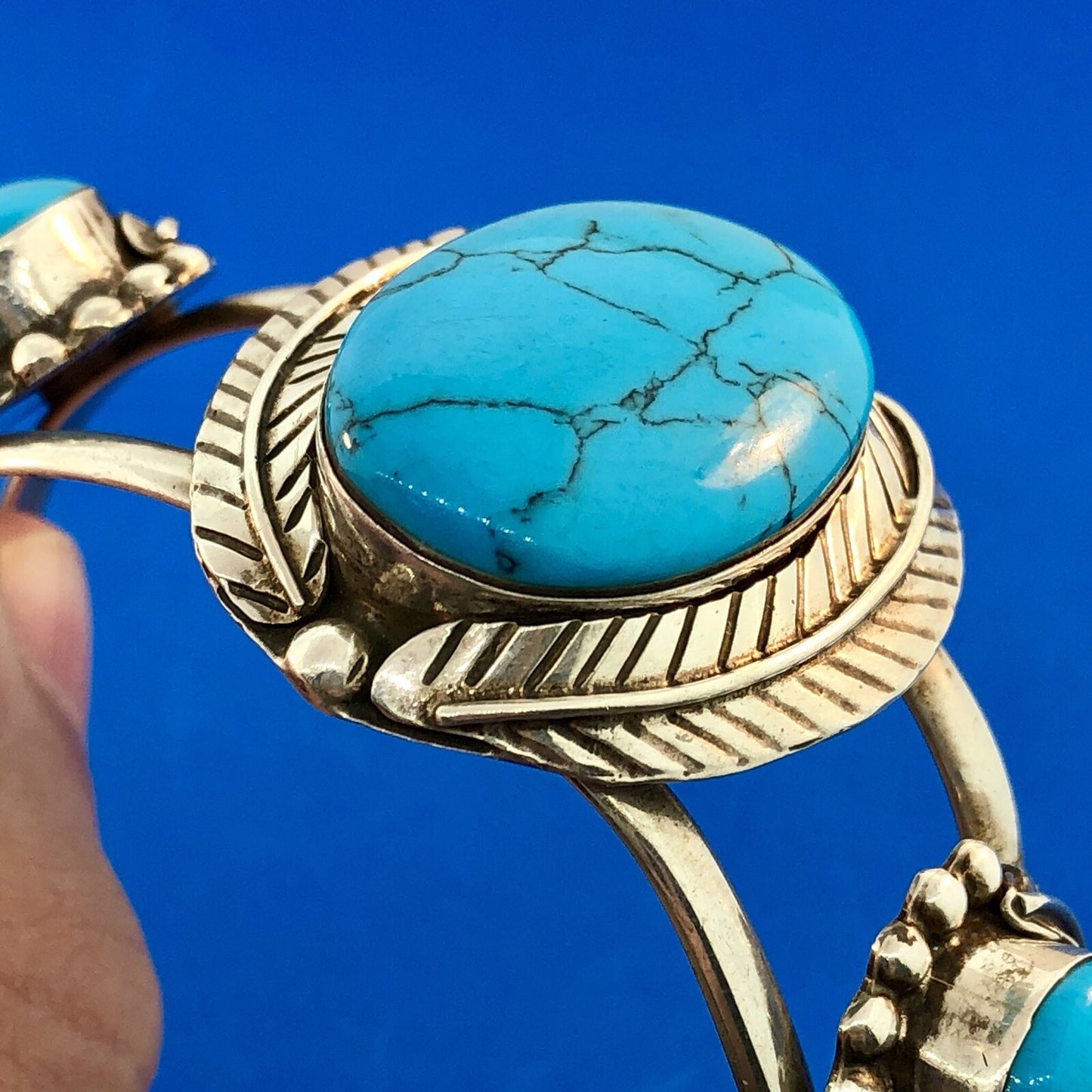 Vintage Taxco TC-216 Sterling Silver 925 Turquoise Trio Statement Cuff Bracelet