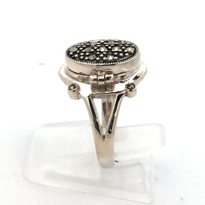 Vintage Designer 925 Sterling Silver Marcasite Oval Pill Box Ring