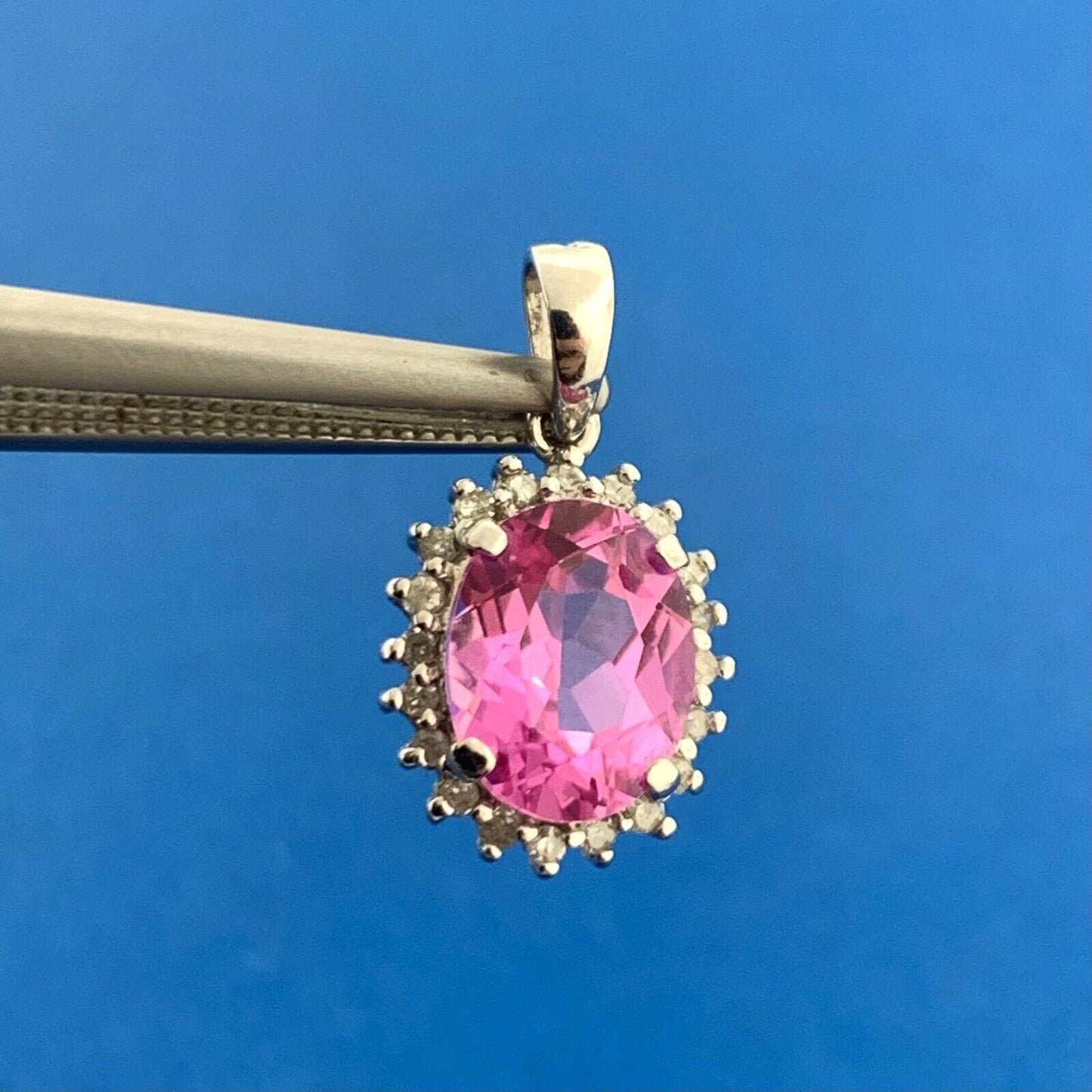 Designer 14K White Gold Oval Pink Sapphire Diamond Halo Custom Dangle Pendant