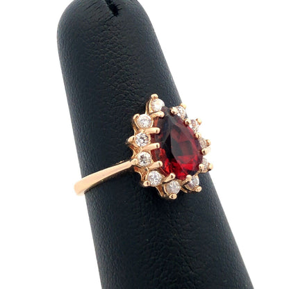 Designer 14K Yellow Gold Pear Red Tourmaline Cubic Zirconia Halo Cocktail Ring