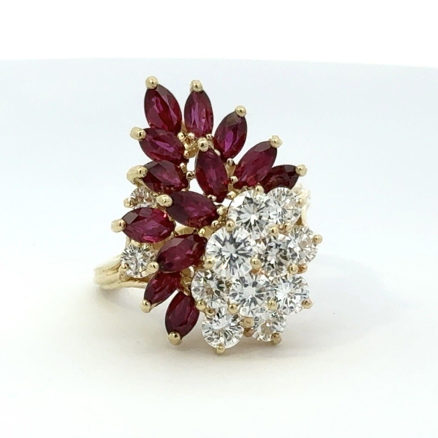 Vintage 18K Yellow Gold Round Diamond Marquise Lab Created Ruby Waterfall  Ring