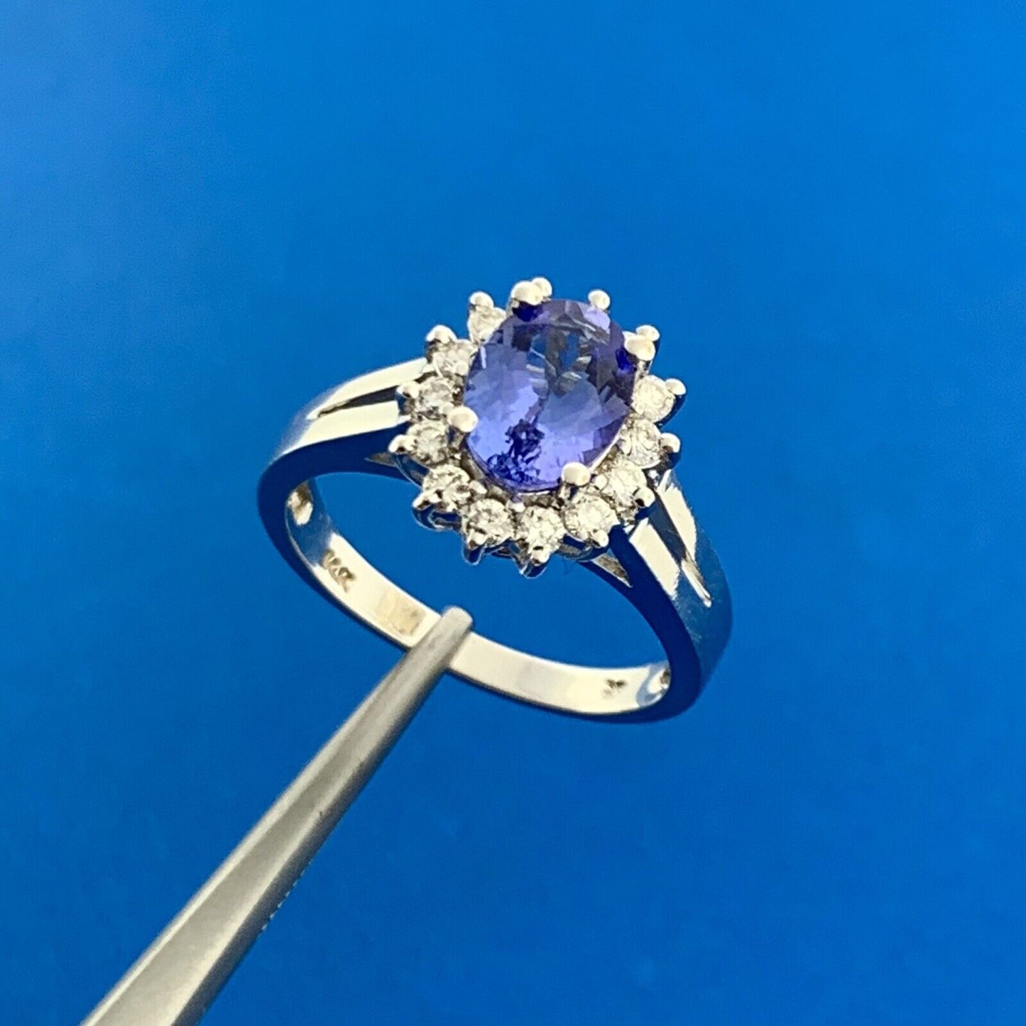 Designer 14K White Gold Oval Tanzanite White Topaz Halo Accent Anniversary Ring