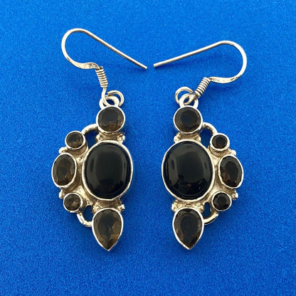 Modernist 925 Sterling Silver Black Onyx Smoky Quartz Drop Dangle Earrings