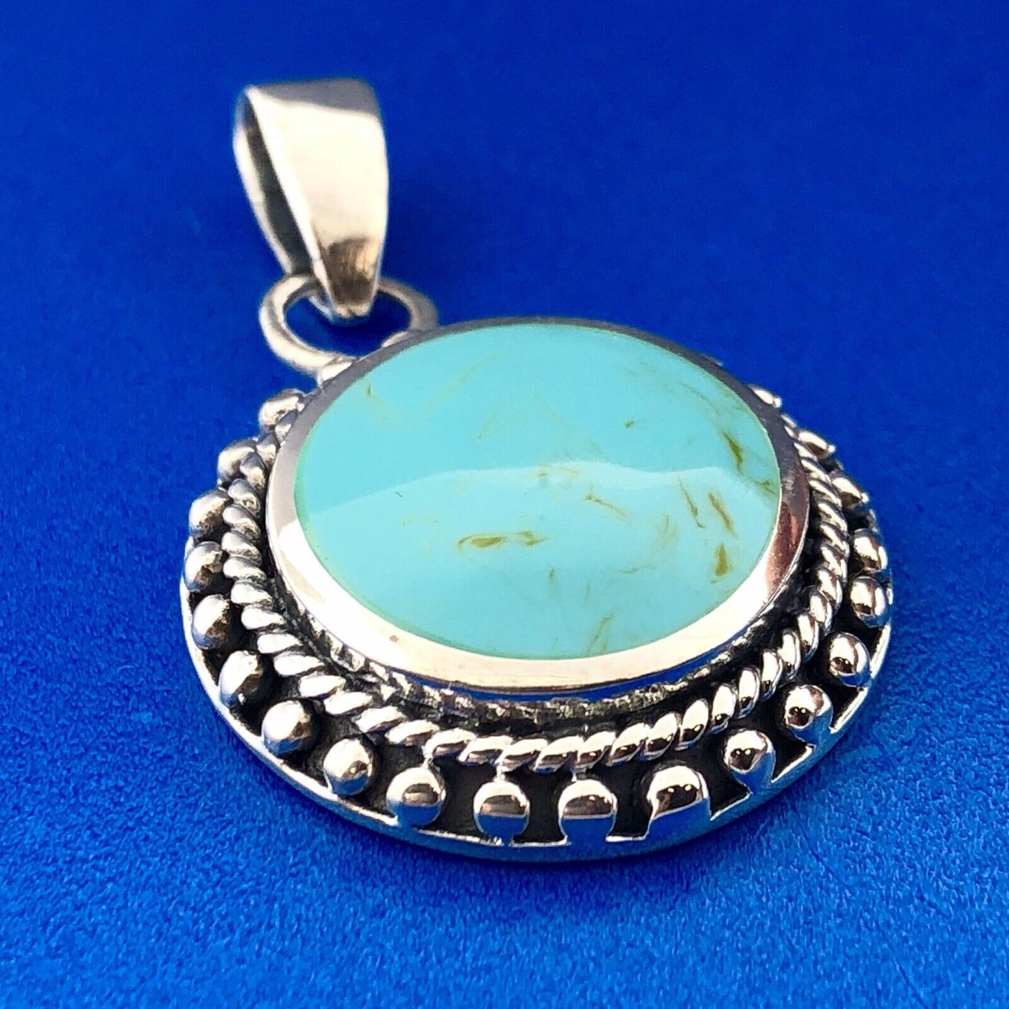 Designer 925 Sterling Silver Turquoise Art Glass Cabochon Bead Work Disc Pendant