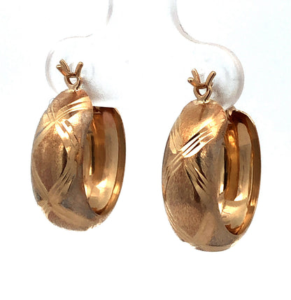 Designer 14K Yellow Gold Textured Round Puffy Snap Hoop Earrings