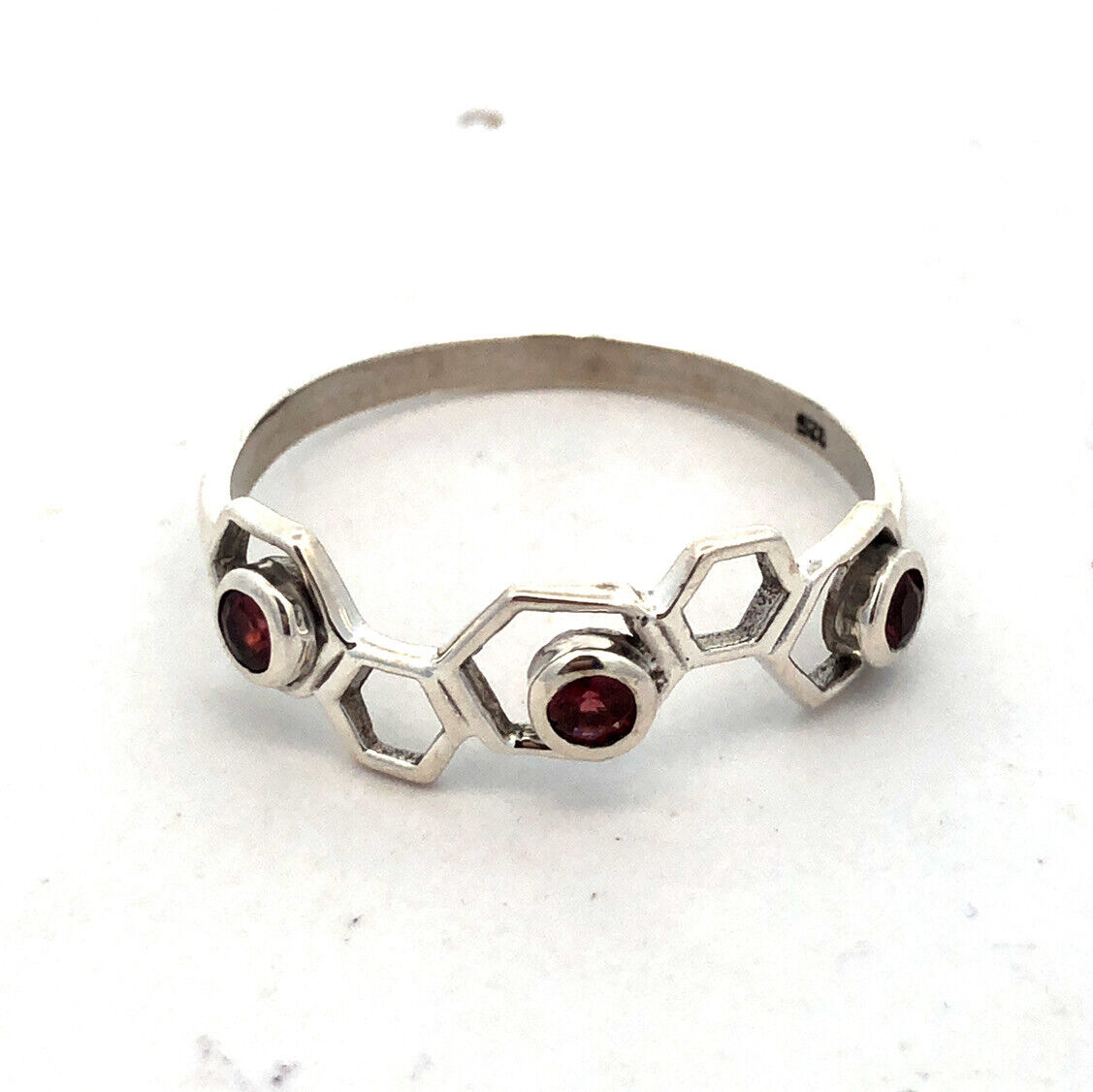 925 Sterling Silver Round Pink Tourmaline Honeycomb Hexagon Band Ring