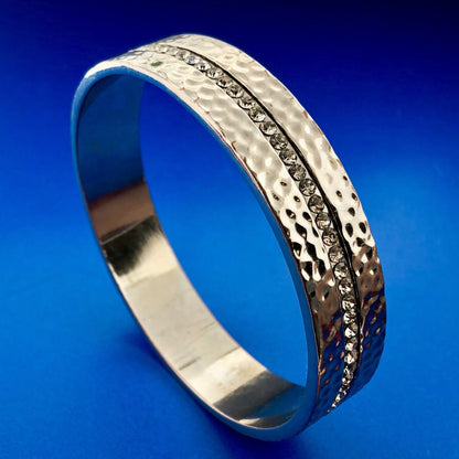 Designer Silver Tone Cubic Zirconia CZ Hammered Statement Bangle Bracelet