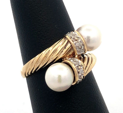 Designer H 14K Yellow Gold Round Pearl Diamond Twist Textured Bypass Ring