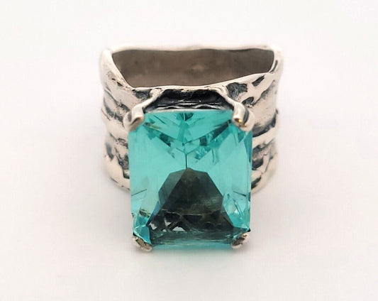 Designer 925 Sterling Silver Radiant Cut Blue Topaz Size 6.75 Wide Band Ring