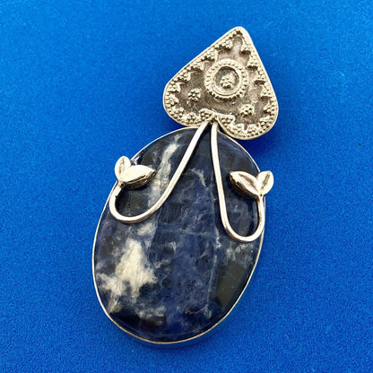 Vintage 925 Sterling Silver Lapis Lazuli Floral Beadwork Statement Pendant