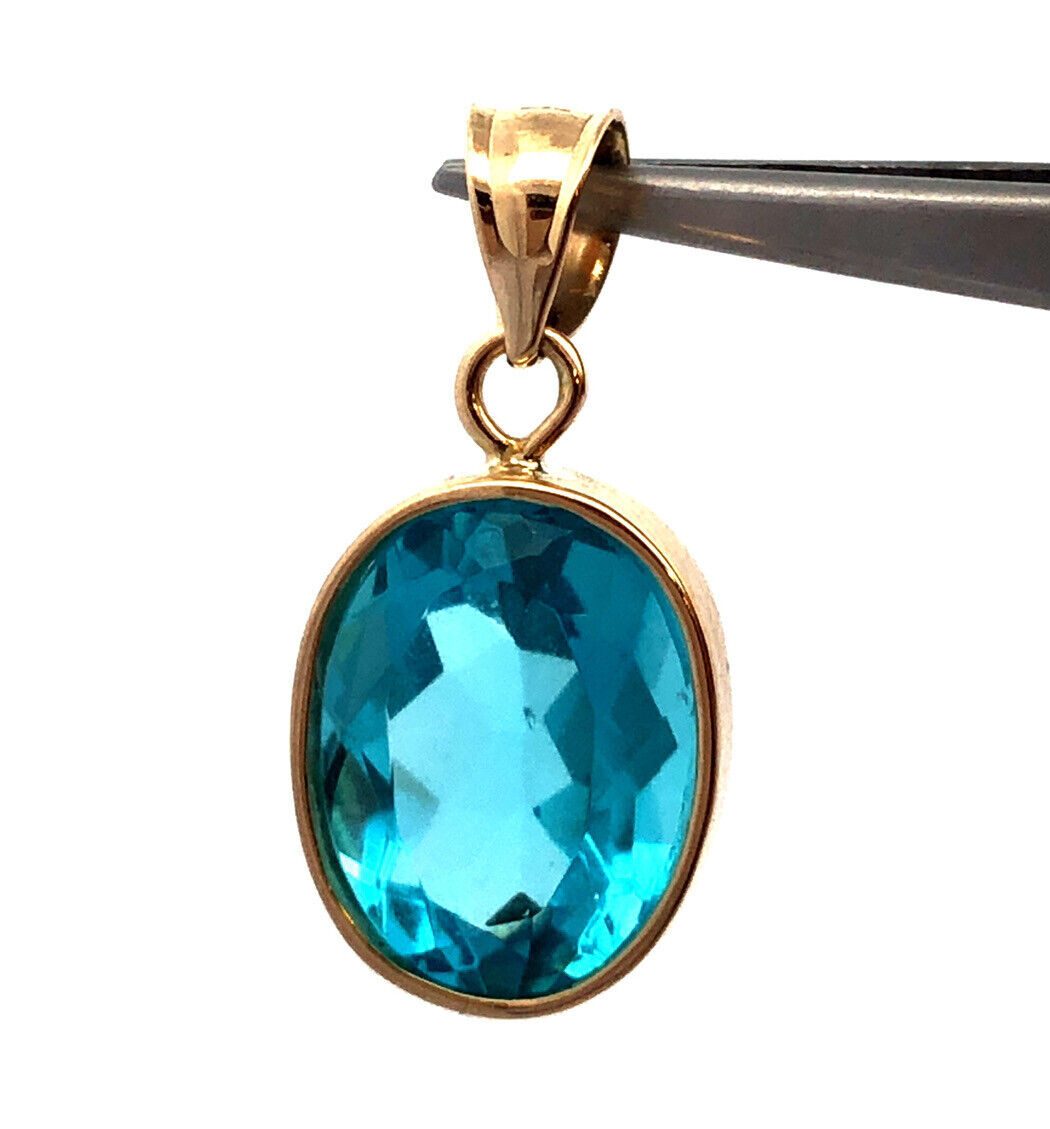 Designer H 14K Yellow Gold Oval Blue Cubic Zirconia CZ Solitaire Bezel Pendant