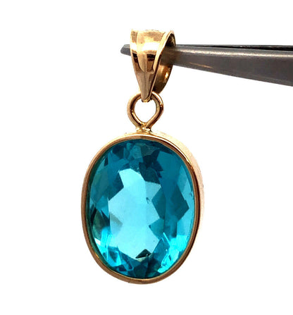 Designer H 14K Yellow Gold Oval Blue Cubic Zirconia CZ Solitaire Bezel Pendant