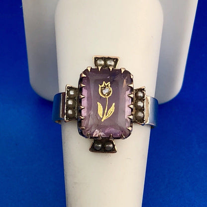 Art Deco Art Nouveau 14K Yellow Gold Amethyst Diamond Seed Pearl Cocktail Ring