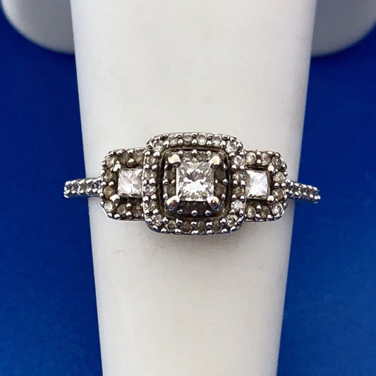 14K White Gold Princess Diamond Trio Halo Engagement Bridal Ring